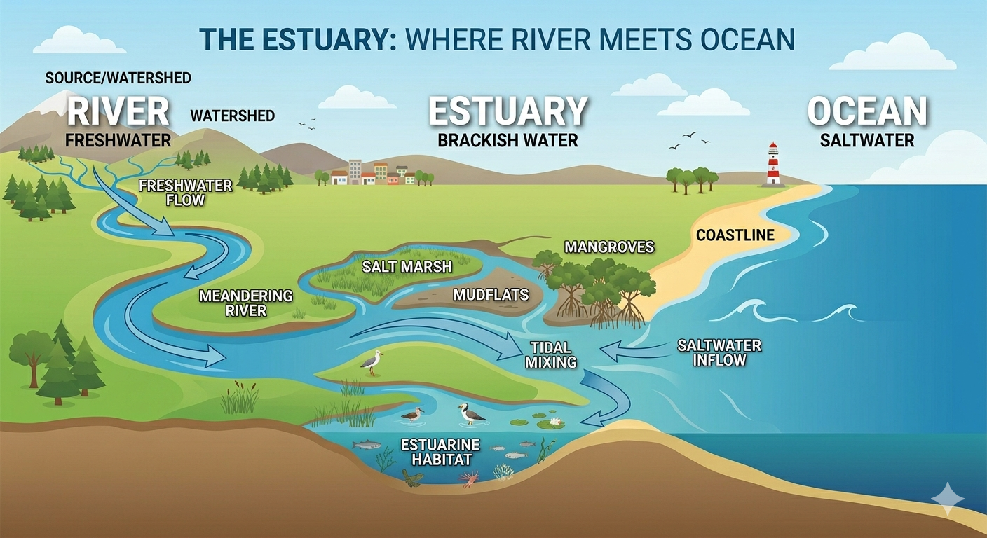 ai generated image of an estuary system and how the water flows through it